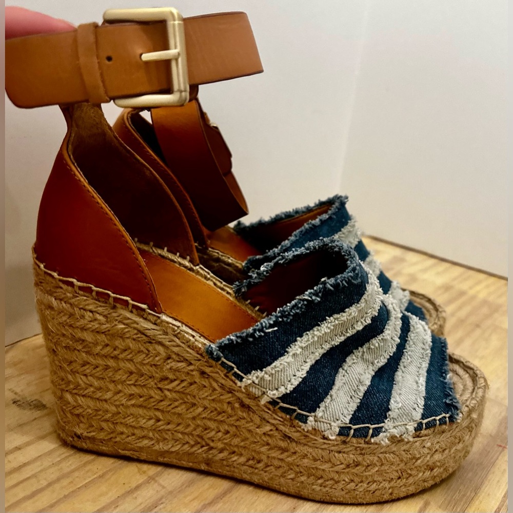 Marc Fisher Brown & Denim Striped Wedges